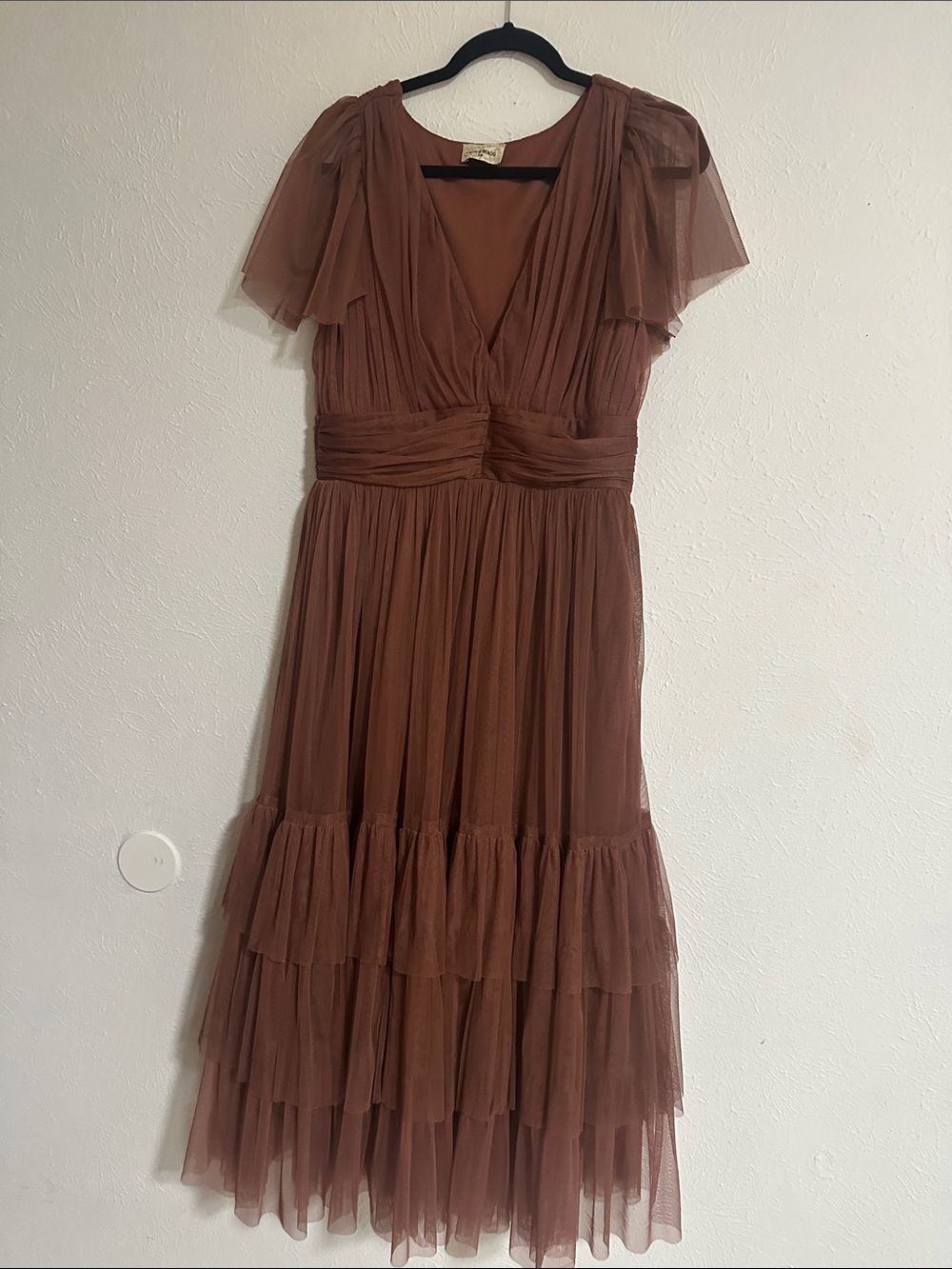 Lace and Beads Brown Tulle Midi Formal Dress
